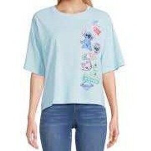 Lilo & Stitch Multi Patch Aqua Blue Cropped T-Shirt Size Medium